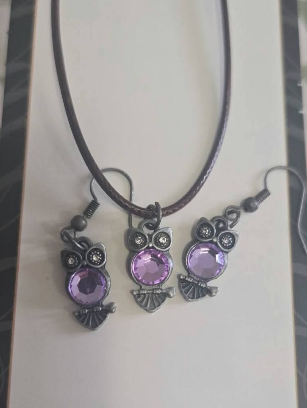 Purple Crystal Owl Pendant Necklace and Earring Set
